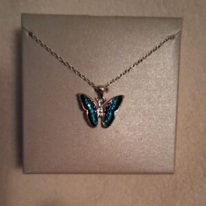 Blue and Green Butterfly Necklace with Silver Chain
